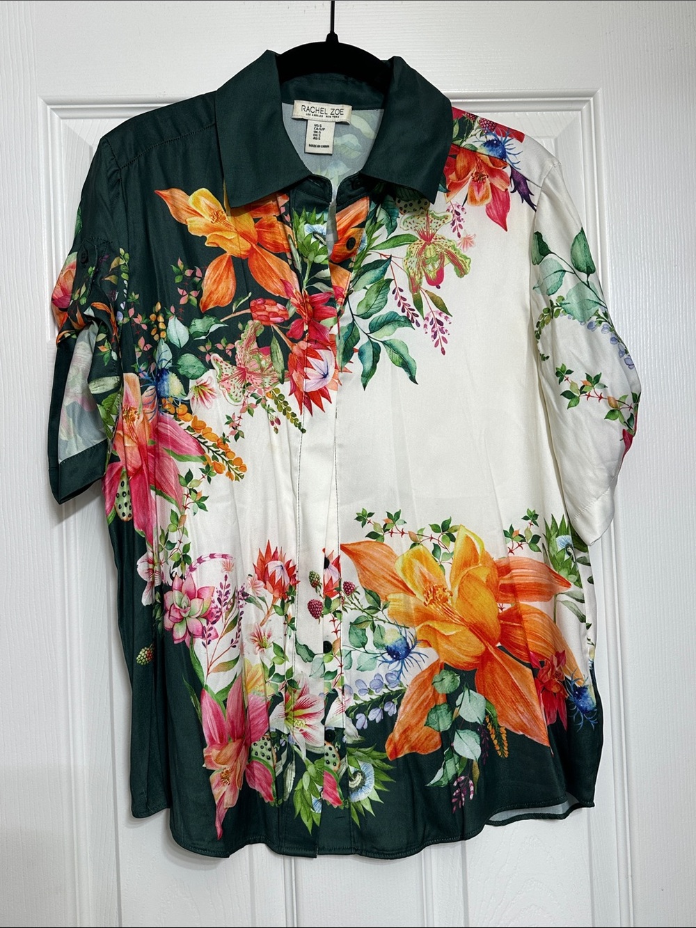 Rachel Zoe Short Sleeve Floral Button-Down Top in Green, White & Orange